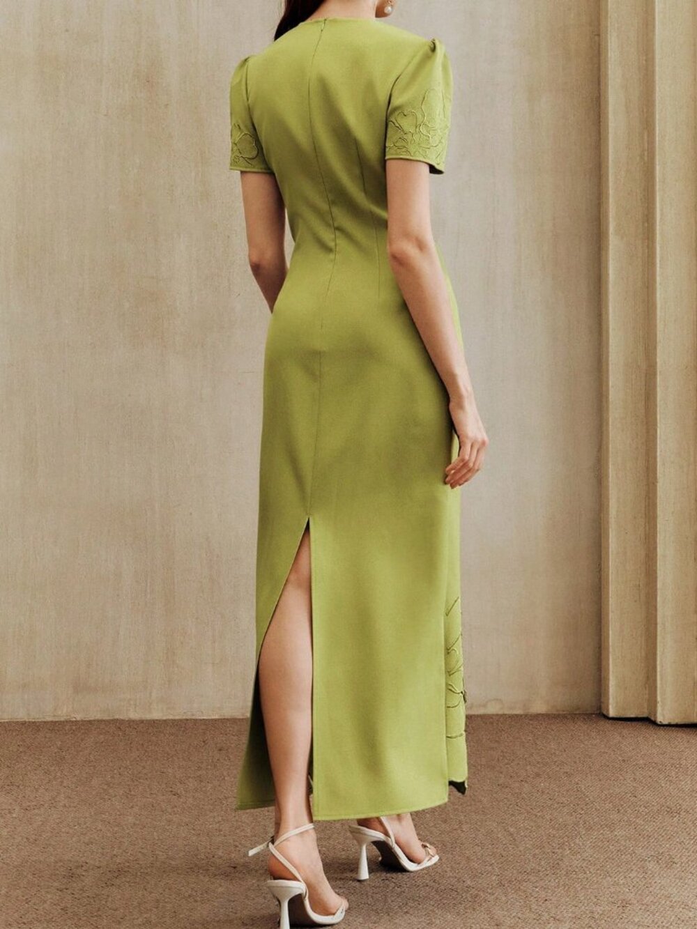 Green Elegant Women's Waist Cinching Dress with Cutout Embroidery and Beads - Picture 2 of 7